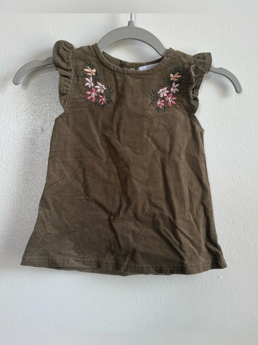 René Rofé Baby Girls 3-6M Olive Sleeveless Floral Corduroy Dress Embroidered